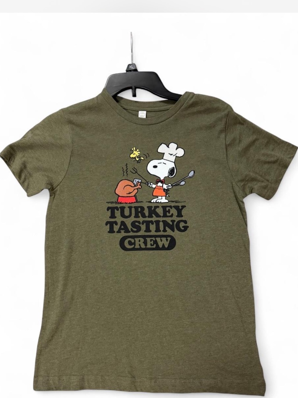 Snoopy Turkey Tasting Crew Boys L Olive Green Thanksgiving Graphic Tee